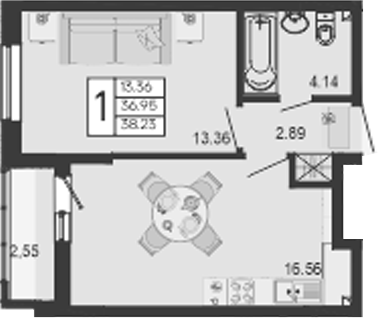 1-комн., 36.96 м², 2/9 этаж, ЖК «Дом 101»