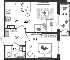 2-комн., 43.4 м², 15/24 этаж, ЖК «Рекорд»