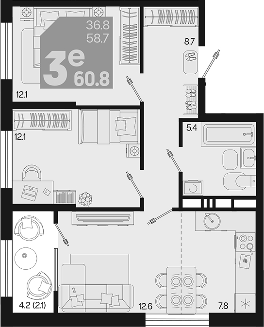 3-комн., 58.7 м², 11/18 этаж, ЖК «Первое место»