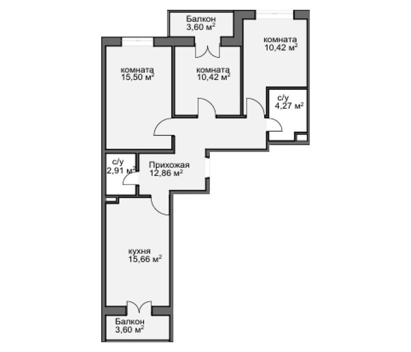 3-комн., 66.35 м², 6/8 этаж, ЖК «Центральный двор»