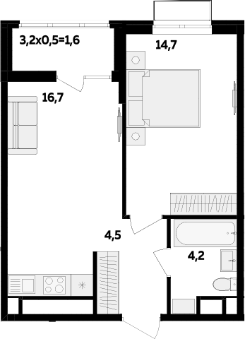 1-комн., 40.1 м², 12/16 этаж, ЖК «МегаСити»