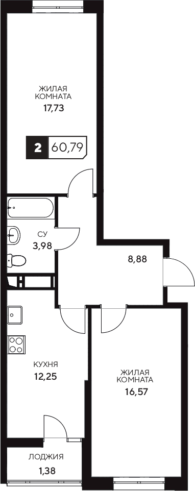 2-комн., 59.41 м², 4/20 этаж, ЖК «Центральный. Гамма»