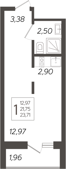 Студия, 21.75 м², 12/19 этаж, ЖК «Кислород»