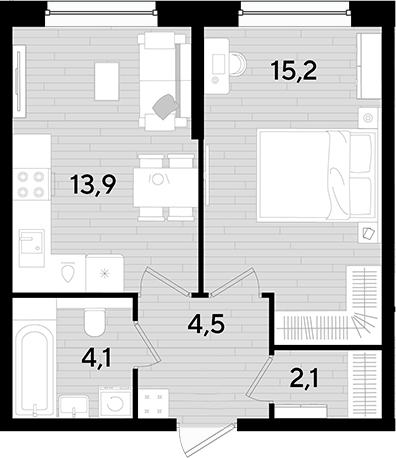 1-комн., 39.8 м², 2/16 этаж, ЖК «DОГМА ПАРК»