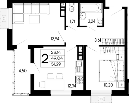 2-комн., 49.04 м², 14/16 этаж, ЖК «Эпос»