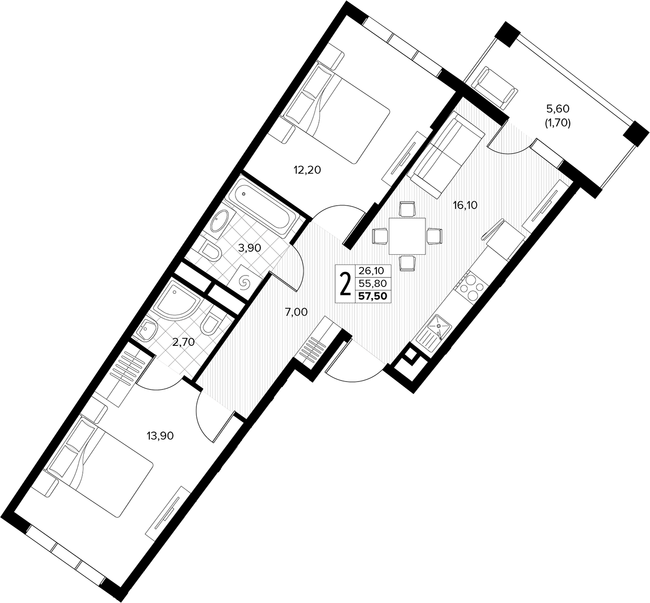2-комн., 55.8 м², 3/8 этаж, ЖК «Кипарис»