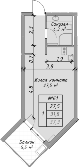 Студия, 31.8 м², 4/4 этаж, ЖК «Оазис Азова»