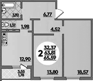 2-комн., 63.81 м², 8/8 этаж, ЖК «Молодежный 2»