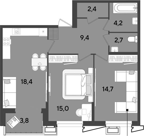 3-комн., 66.8 м², 2/9 этаж, ЖК «Парк Победы»