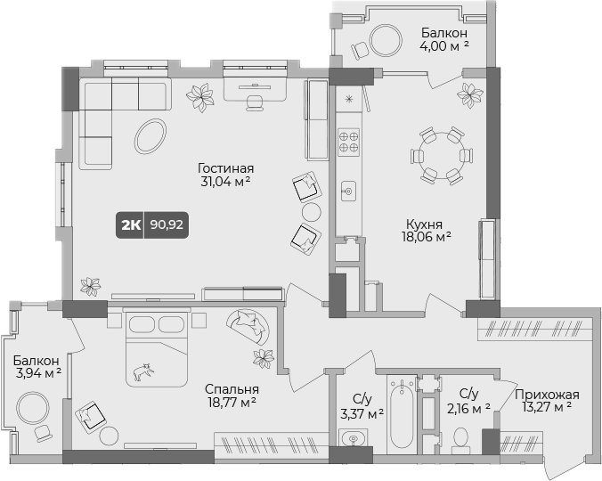 2-комн., 88.54 м², 4/17 этаж, ЖК «Золотой берег. СЗ Среда»