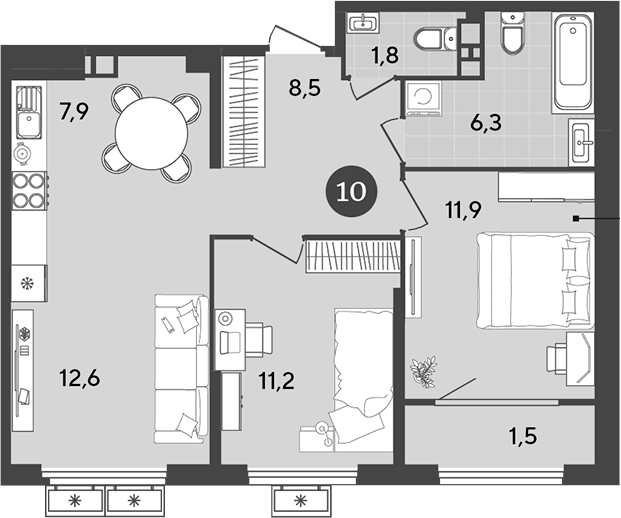 3-комн., 60.2 м², 7/9 этаж, ЖК «Порто-Ново»