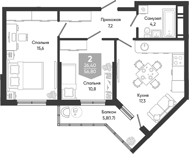 3-комн., 55.1 м², 20/24 этаж, ЖК «Облака»