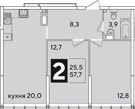 3-комн., 57.7 м², 15/16 этаж, ЖК «Самолет»