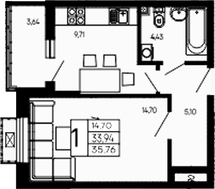 1-комн., 33.94 м², 2/16 этаж, ЖК «Эпос»
