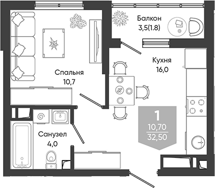 2-комн., 30.7 м², 9/24 этаж, ЖК «Облака»