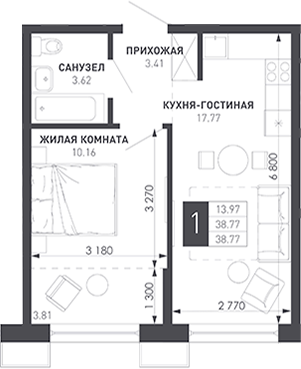 1-комн., 39.86 м², 8/9 этаж, ЖК «Иначе в Молодежном»