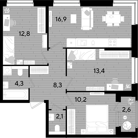 3-комн., 68 м², 2/16 этаж, ЖК «DОГМА ПАРК»