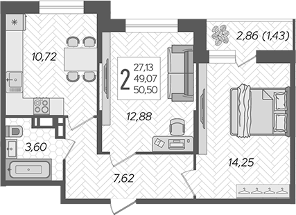 2-комн., 49.07 м², 16/16 этаж, ЖК «Смородина»