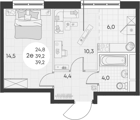 2-комн., 39.2 м², 2/14 этаж, ЖК «Грин Эппл»