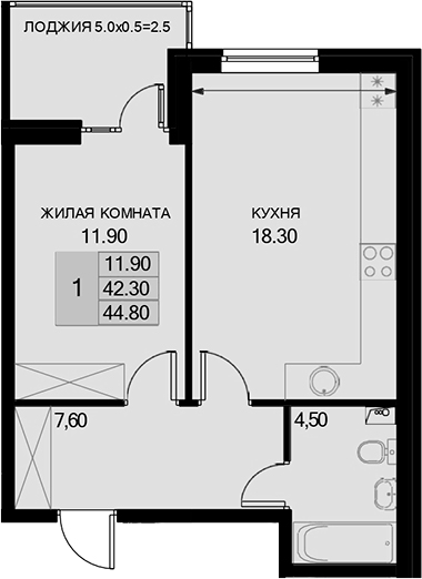 1-комн., 42.3 м², 2/7 этаж, ЖК «История»