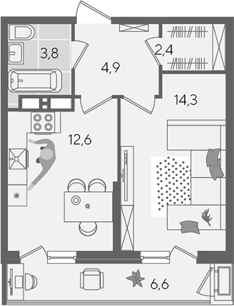 1-комн., 38 м², 22/24 этаж, ЖК «Рекорд»
