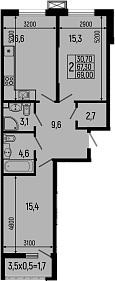 2-комн., 67.3 м², 2/13 этаж, ЖК «Звезды»