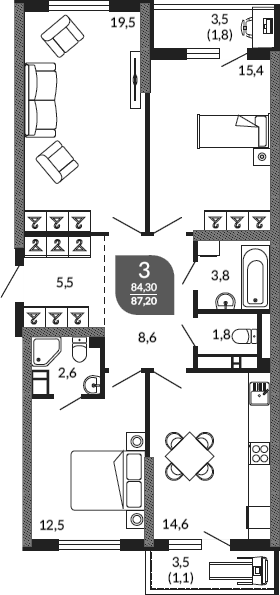 3-комн., 84.3 м², 23/23 этаж, ЖК «Облака»