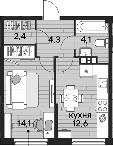 1-комн., 37.5 м², 7/16 этаж, ЖК «DОГМА ПАРК»