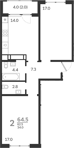 2-комн., 62.5 м², 18/24 этаж, ЖК «Все Свои VIP»