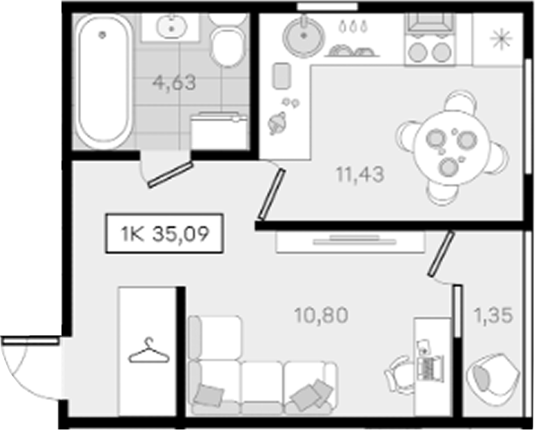 1-комн., 34.55 м², 2/8 этаж, ЖК «История 3»