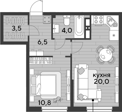 1-комн., 44.8 м², 11/19 этаж, ЖК «DОГМА ПАРК»