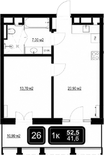 2-комн., 41.6 м², 2/9 этаж, ЖК «ГК Кайрос»