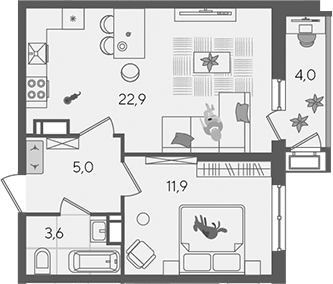 2-комн., 43.4 м², 24/24 этаж, ЖК «Рекорд»