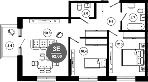 3-комн., 59.2 м², 2/10 этаж, ЖК «Гостиничный комплекс GREENMONT»
