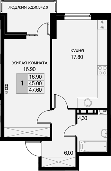 1-комн., 45 м², 5/7 этаж, ЖК «История»