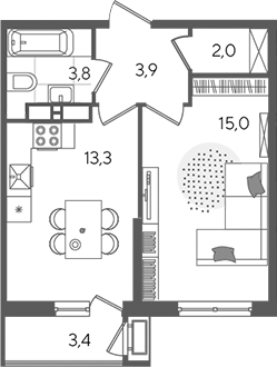 1-комн., 38 м², 19/24 этаж, ЖК «Рекорд»