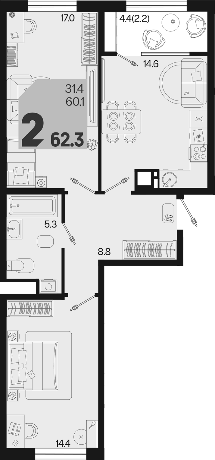 2-комн., 60.1 м², 8/9 этаж, ЖК «Первое место»