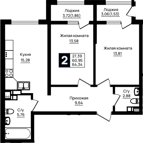 2-комн., 60.95 м², 9/9 этаж, ЖК «Резиденция морей»