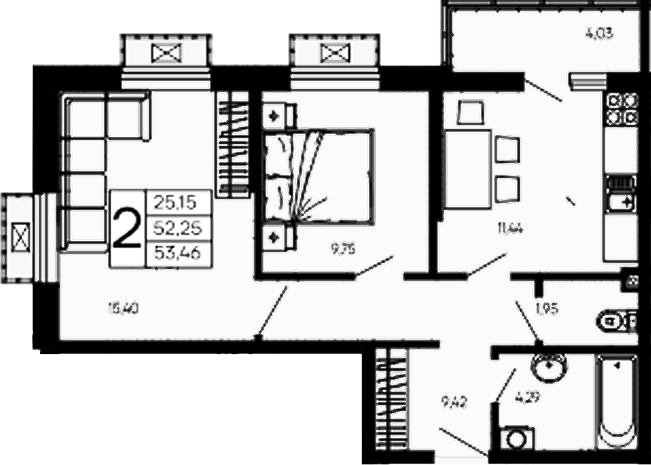 2-комн., 52.25 м², 2/16 этаж, ЖК «Эпос»