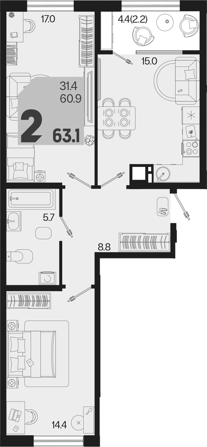 Продается 2-комн. квартира, 60.9 м²