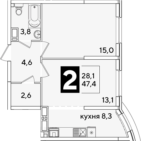 2-комн., 47.4 м², 13/16 этаж, ЖК «Самолет»