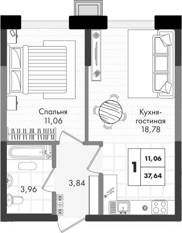2-комн., 37.64 м², 2/9 этаж, ЖК «Зеленая территория»