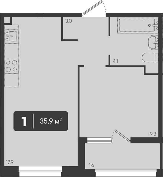 1-комн., 34.3 м², 2/18 этаж, ЖК «Архитектор. ГК ЮгСтройИнвест»
