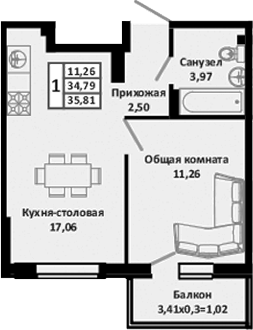 2-комн., 35 м², 3/4 этаж, ЖК «Южные Соседи»
