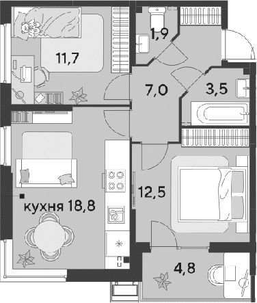 3-комн., 55.4 м², 2/9 этаж, ЖК «Парк Победы»
