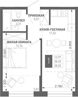 1-комн., 34.18 м², 16/18 этаж, ЖК «Иначе в Молодежном»