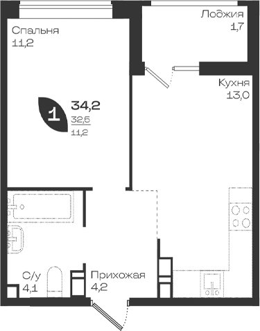 1-комн., 32.5 м², 8/9 этаж, ЖК «Ботаника»