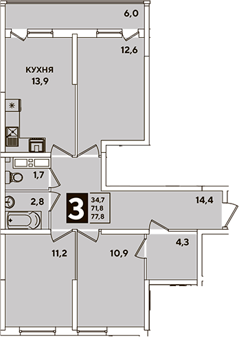 3-комн., 71.8 м², 11/16 этаж, ЖК «Самолет»