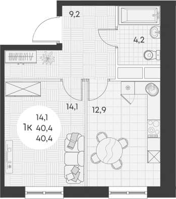 1-комн., 40.4 м², 7/13 этаж, ЖК «Грин Эппл»
