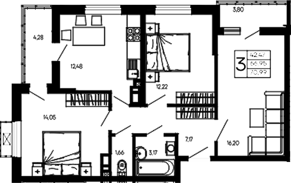 3-комн., 66.95 м², 9/14 этаж, ЖК «Эпос»